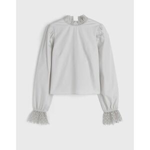 H&M DIVIDED Lace Trim Poplin Top Womens M Light Grey Tie Back Long Sleeve Unique